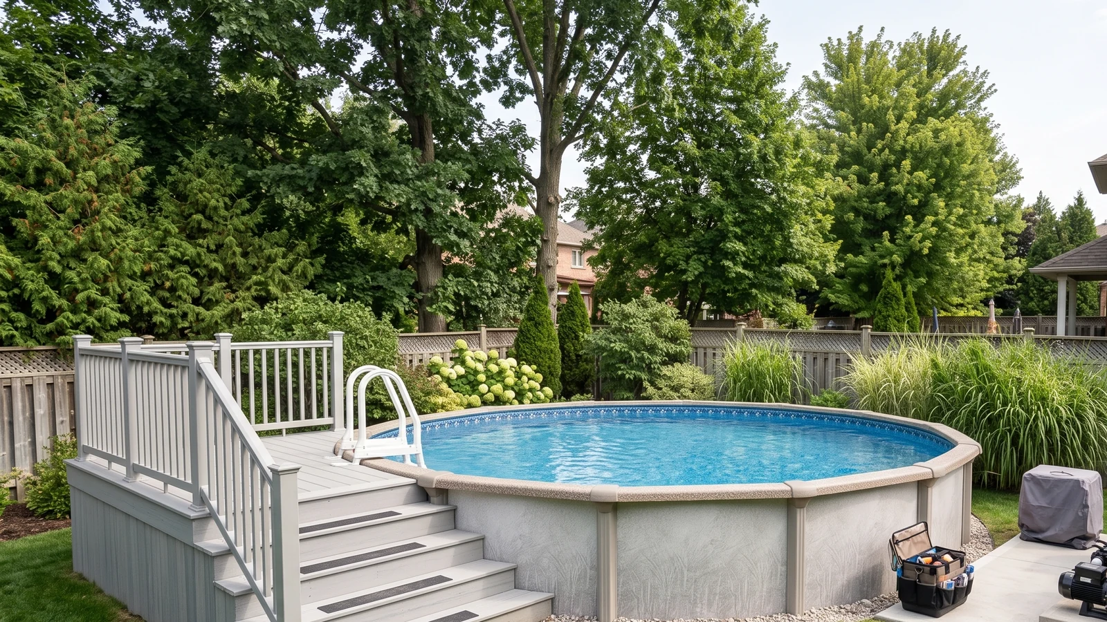 Above-ground pool with integrated deck and landscaping